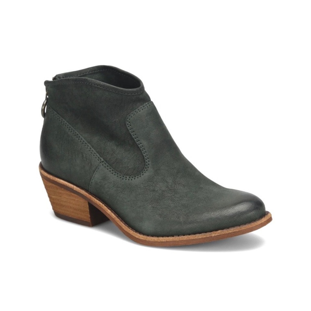 Sofft Aisley Green Distressed Leather Ankle Boots Western Stacked Heel Zip Up
